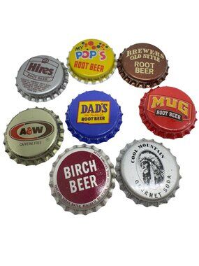 Vtg Root Beer 8 Bottle Caps  A&W Dads Mug Cool Mtn Brewers My Pops Birch Beer
